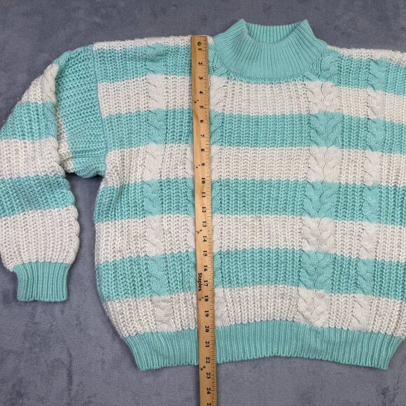 Gerard Works Sweater Womens M Vintage 80s Striped White Teal Chunky Cable Knit - Picture 7 of 11